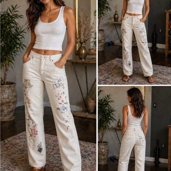 Ralph Lauren Pants - Ralph Lauren Cream Floral Embroidered Boot Cut Jeans